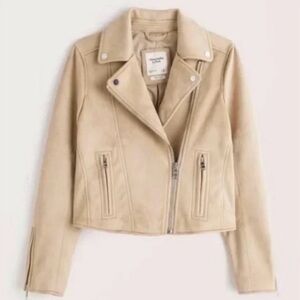Abercrombie & Fitch Vegan Suede Moto Jacket Tan Beige Neutral Women’s Large NWT